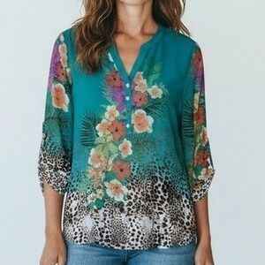 Soft Surroundings Tunic Top Women‎ Med Teal Blue Floral Cheetah Sheer Tropical